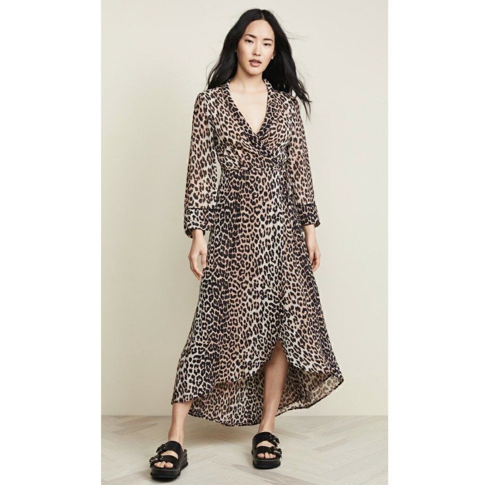 GANNI Mullin Georgette Leopard Print Wrap Maxi Dress Brown Women's 36 US S NEW